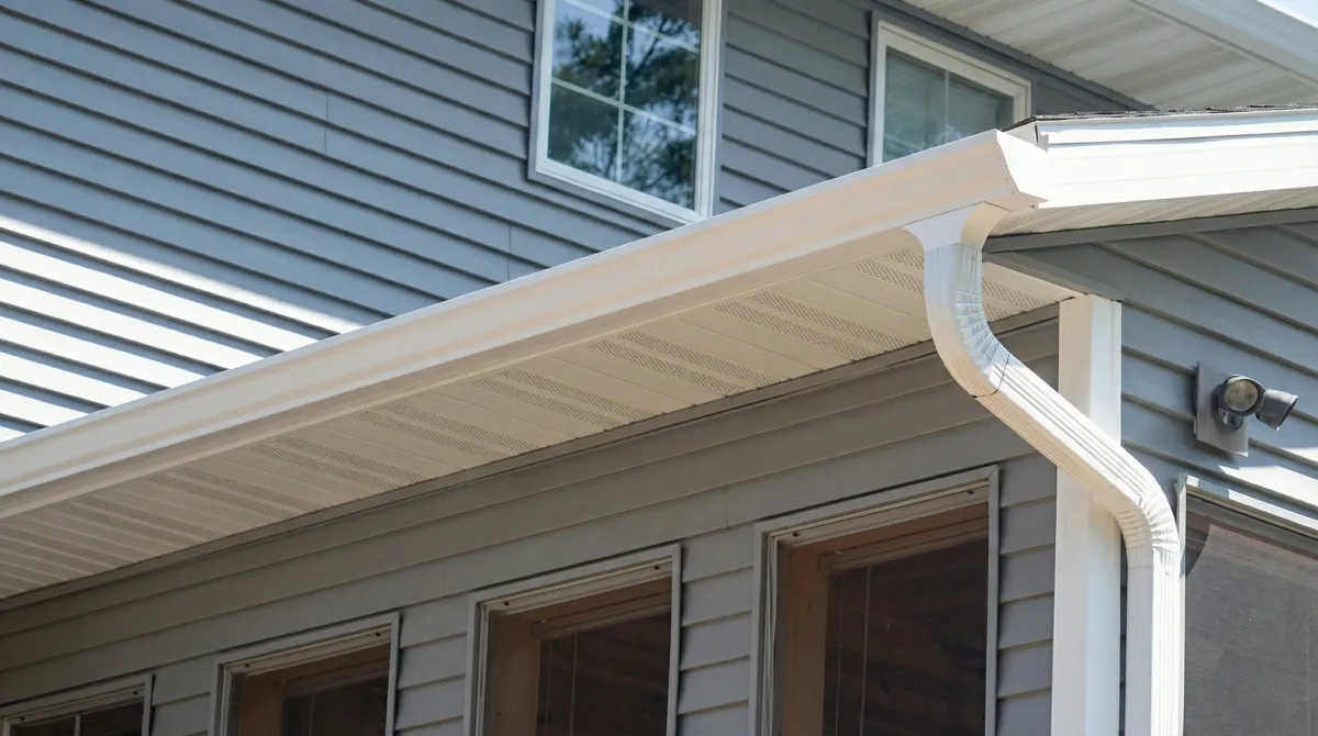 Professional home remodeling project showing newly installed white seamless gutters and downspouts on a house with gray siding in Eugene, OR