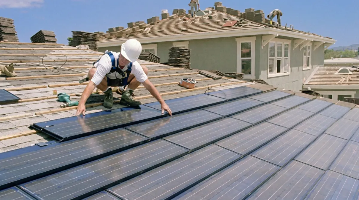 Roof replacement expert installing modern solar shingles on a residential home in Eugene, OR