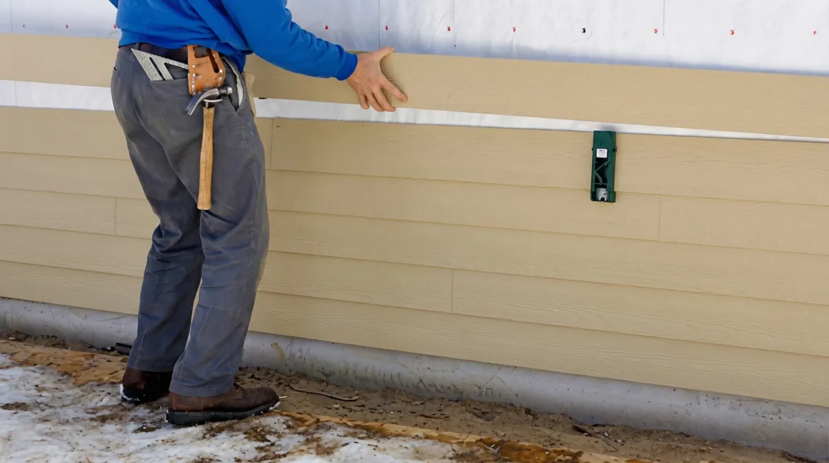 Siding replacement expert carefully aligning a new tan siding panel onto a residential exterior wall in Eugene, OR