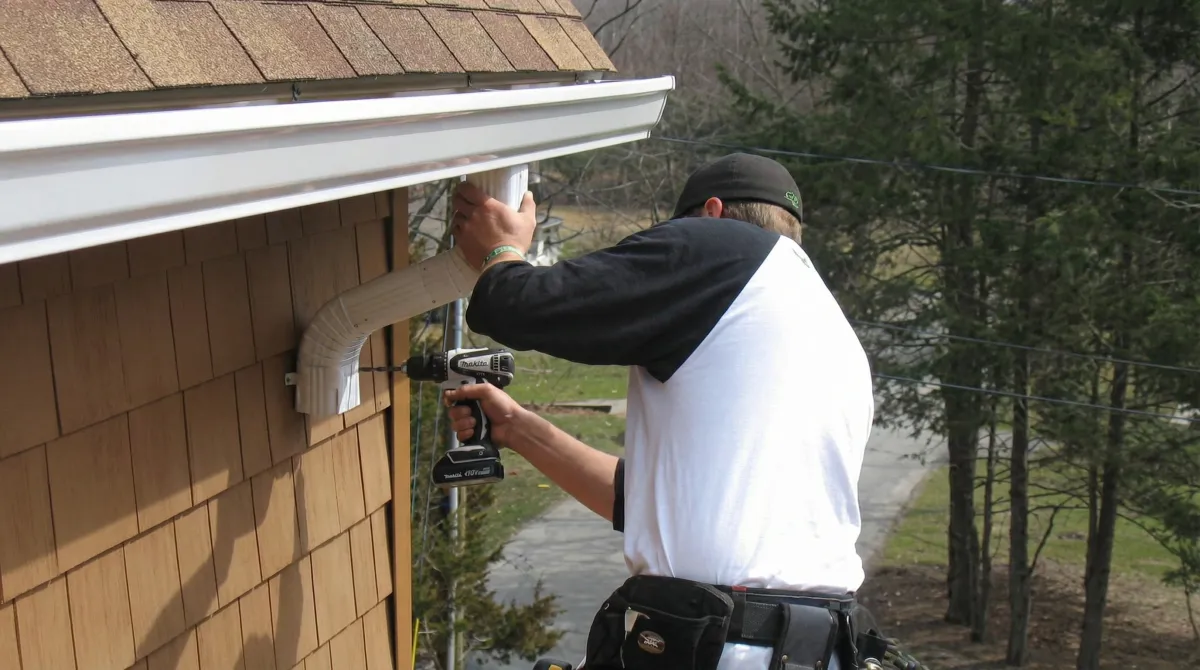 Professional contractor installing tan vinyl siding panels on a residential home exterior in Eugene, OR