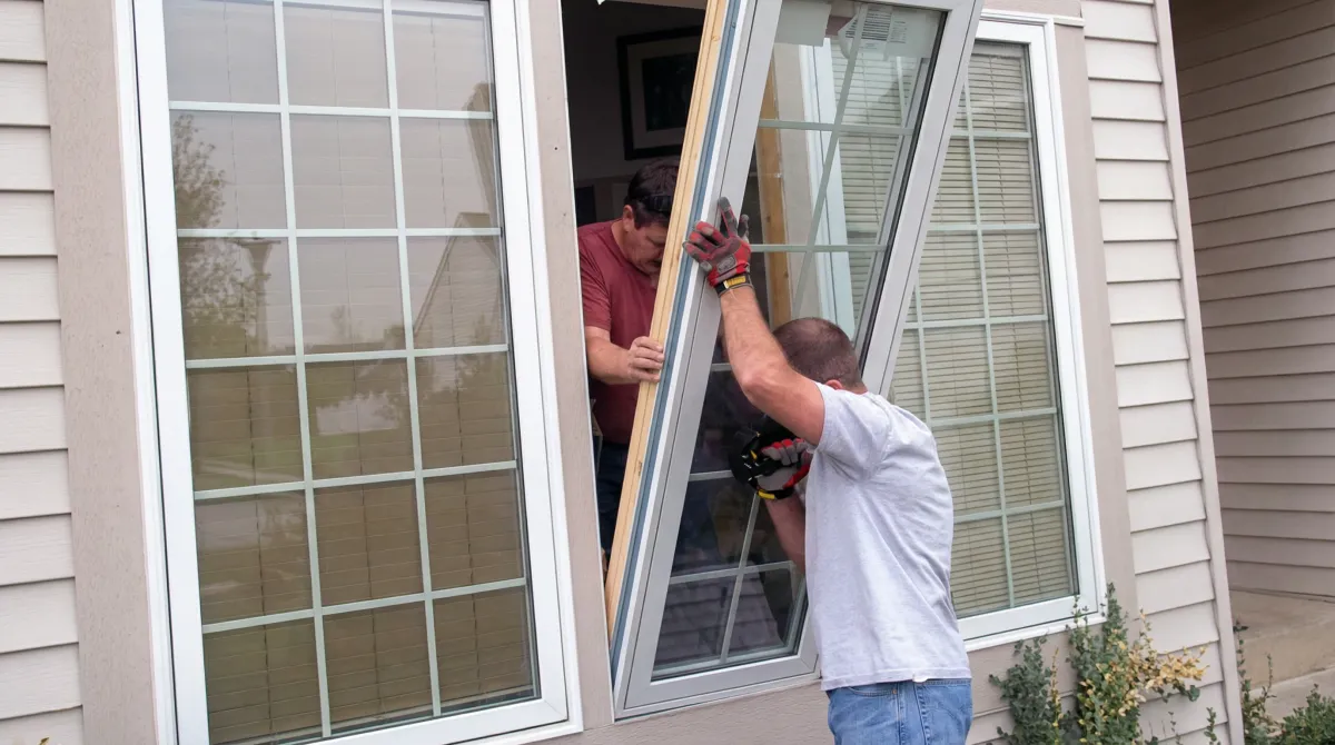 Professional home remodeling team installing a large replacement window on a house with tan siding in Eugene, OR